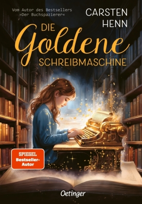 Buchcover mit einem rothaarigen Mädchen, das an einer goldenen Schreibmaschine sitzt