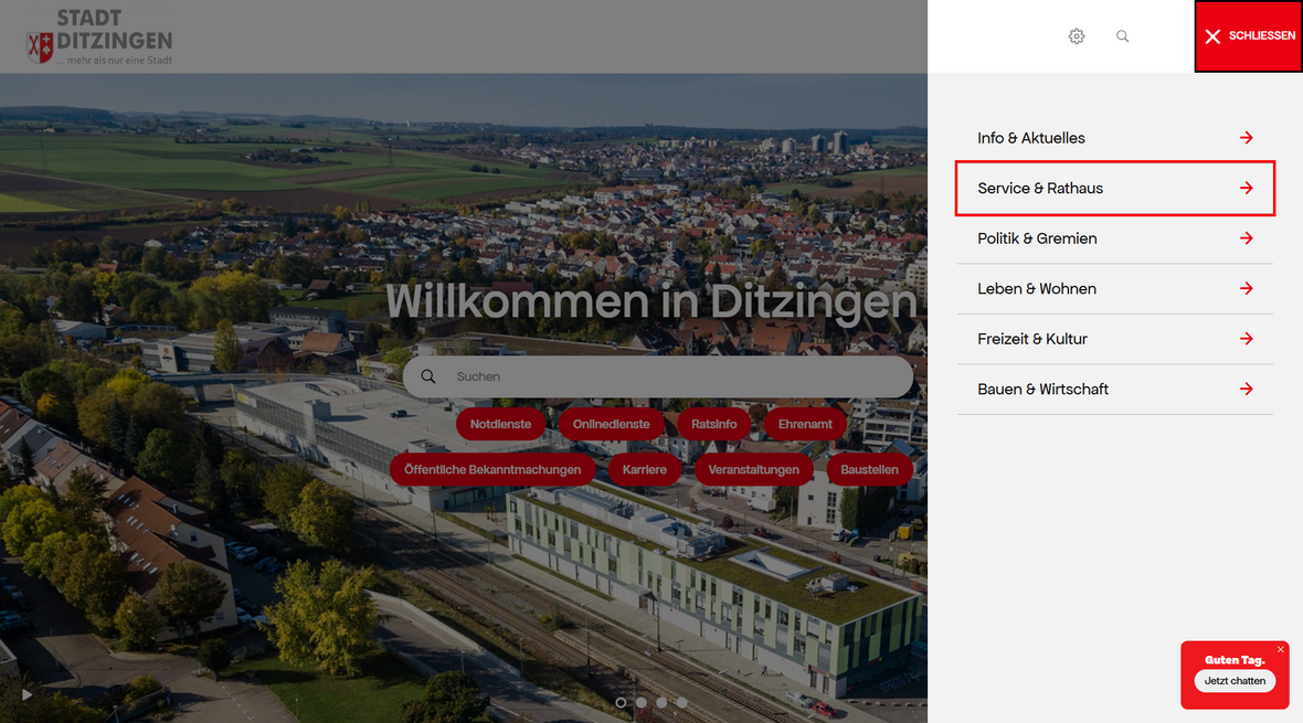Hauptmenüpunkt Service und Rathaus