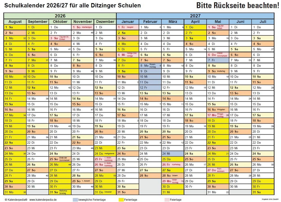 Schulkalender 2026/2027 für alle Ditzinger Schulen