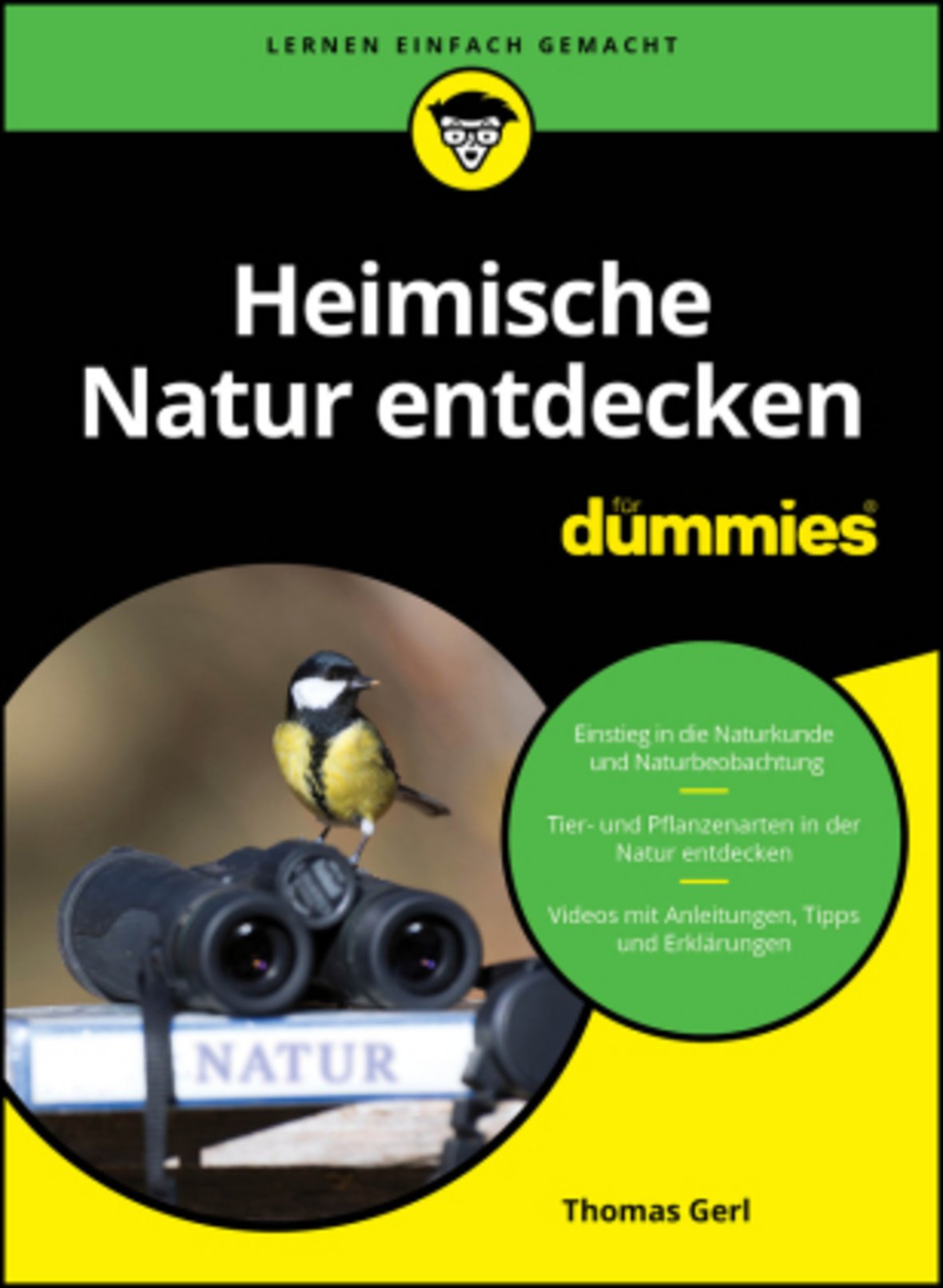 Buchcover im reihenüblichen Design mit dem Foto einer Kohlmeise auf einem Fernglas