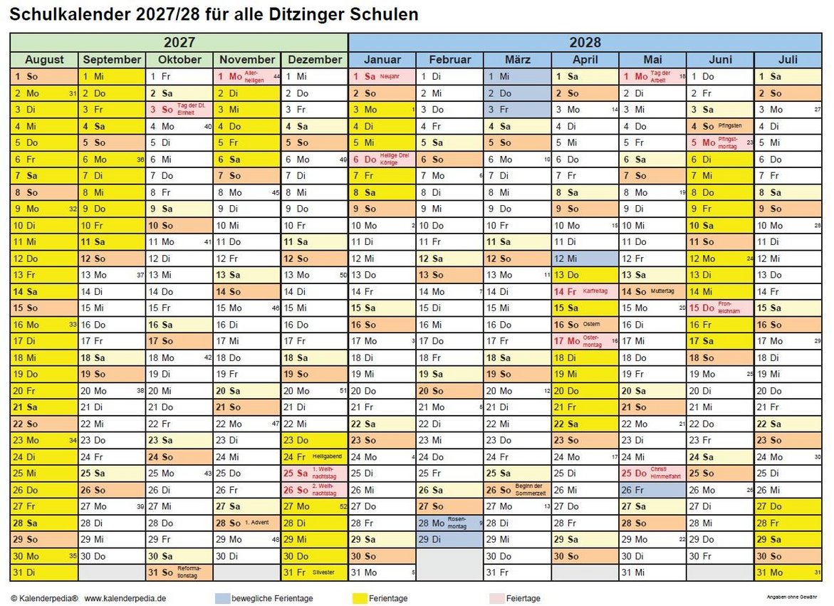 Schulkalender 2027 / 2028 für alle Ditzinger Schulen